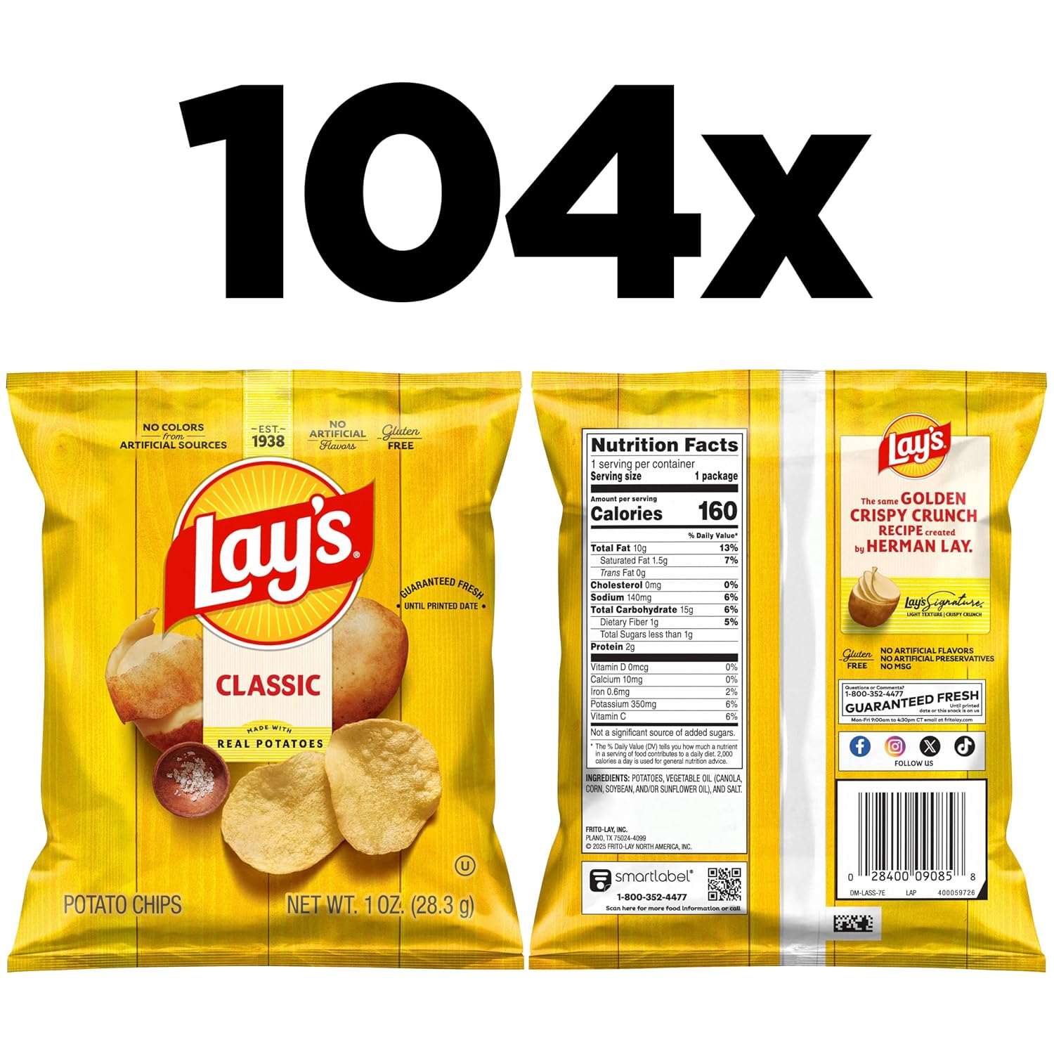 Lay's Potato Chips, Classic, 1 Ounce (Pack of 104)
