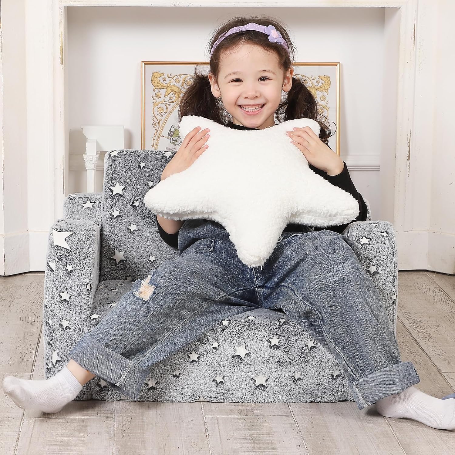 MOMCAYWEX Kids Sofa Chair, 2-in-1 Foldable Couch, Plush, Dusty Grey