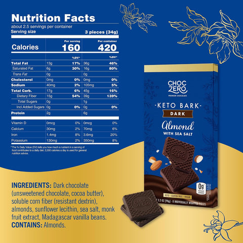 ChocZero Sugar Free Dark Chocolate Almond Bark with Sea Salt, Vegan, 4 Pack