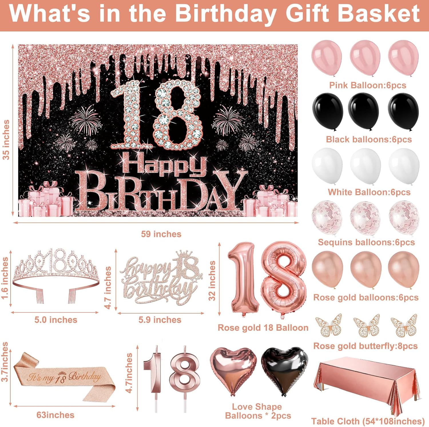 Juesly 18th Birthday Decorations for Girls Rose Gold Black 49pcs