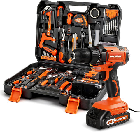 COMOWARE Household Tool Set with 20V Cordless Drill Driver, 120Pcs Hand Tool Kit for Men, Power Drill Set with Plastic Toolbox, Ideal for Office, Garden, DIY Project