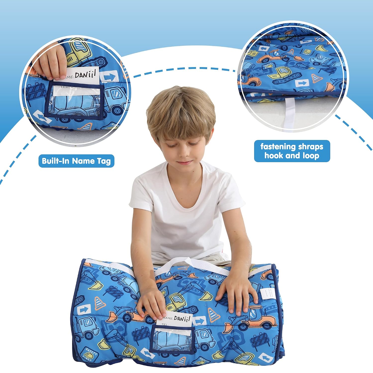 Viviland Toddler Kid Nap Mat for Preschool, Boys Blue Car Slumber Bag, Daycare Bag with Pillow and Blanket, Kindergarten Mat