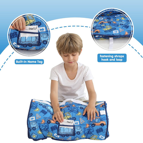 Viviland Toddler Kid Nap Mat for Preschool, Boys Blue Car Slumber Bag, Daycare Bag with Pillow and Blanket, Kindergarten Mat