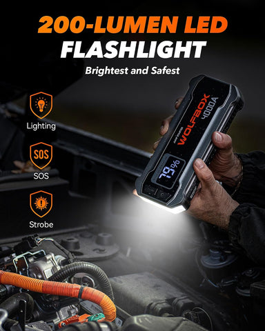 WOLFBOX 4000A Jump Starter,12V Car Battery Jumper Starter Portable with 65W Quick Charger,LED Display,88.8Wh Booster Jump Box Pack (10L Gas 10L Diesel Engine) with LED Light,Jumper Cables, MV24