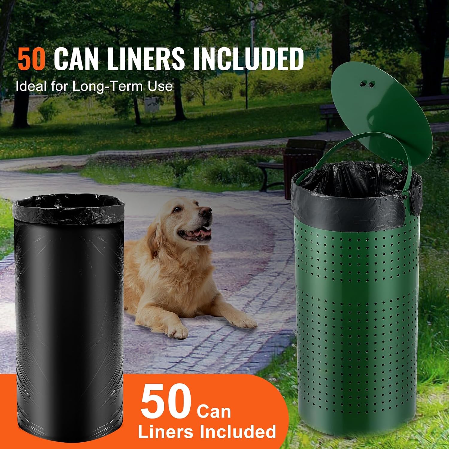 VEVOR Dog Poop Trash Can With 50 Liner Bags, 11.5 Gallons Outdoor Waste Bin With Lid & Liner Clip for Pet Waste Station, Disposal Container for Garden Backyard Park