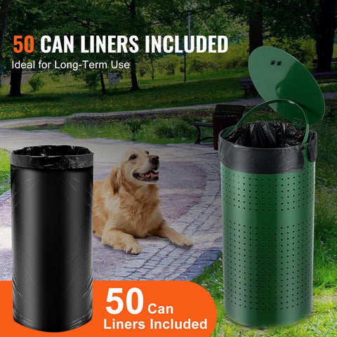 VEVOR Dog Poop Trash Can With 50 Liner Bags, 11.5 Gallons Outdoor Waste Bin With Lid & Liner Clip for Pet Waste Station, Disposal Container for Garden Backyard Park