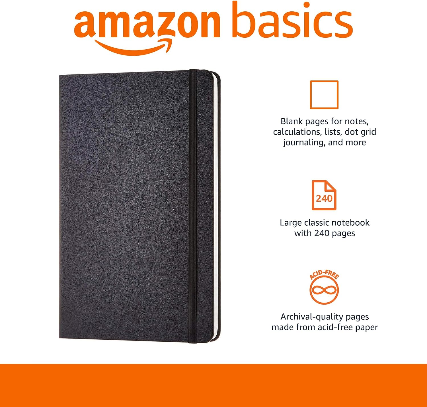 Amazon Basics Classic Blank Notebook, Hardcover, 240 Pages, 5" x 8.25", Black