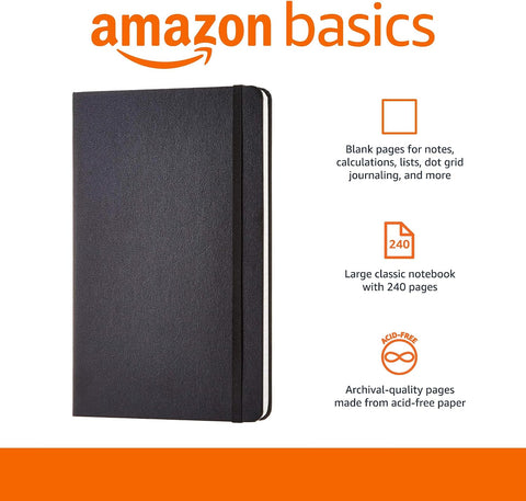 Amazon Basics Classic Blank Notebook, Hardcover, 240 Pages, 5" x 8.25", Black