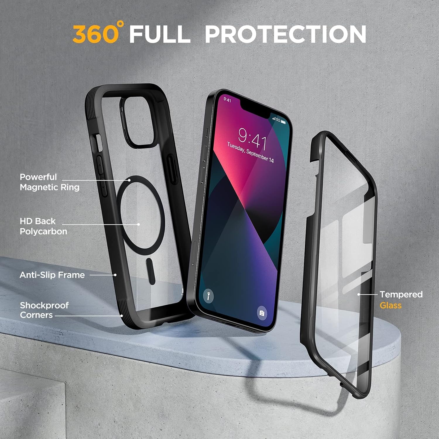 Miracase for iPhone 13 mini Case 5.4",Built-in Glass Screen Protector,Black
