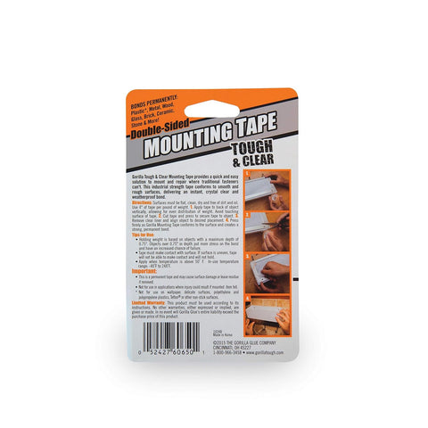 Gorilla Tough & Clear; Double Sided Mounting Tape; Weatherproof; 1" x 60"; Clear; (Pack of 9)