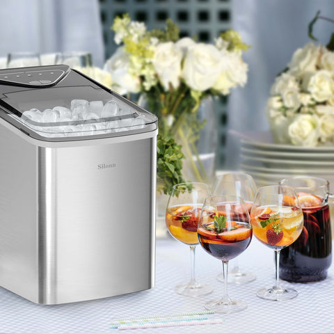 Silonn Ice Makers Countertop, 9 Cubes Ready in 6 Mins, 26lbs in 24Hrs, Self-Cleaning Ice Machine with Ice Scoop and Basket, 2 Sizes of Bullet Ice, Stainless Steel