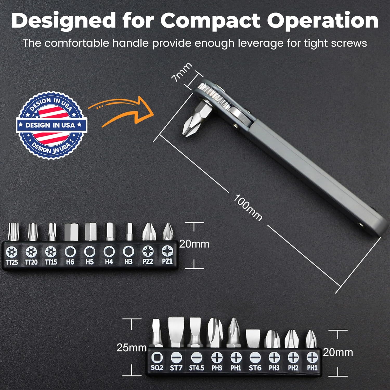 MULWARK 20pc 1/4 Ultra Low Profile Mini Ratchet Wrench Close Quarters Screwdriver Set with High Torque - Right Angle EDC Tool with 90 Degree Mini Offset Reversible Drive Handle & Multi Hex Bits Set