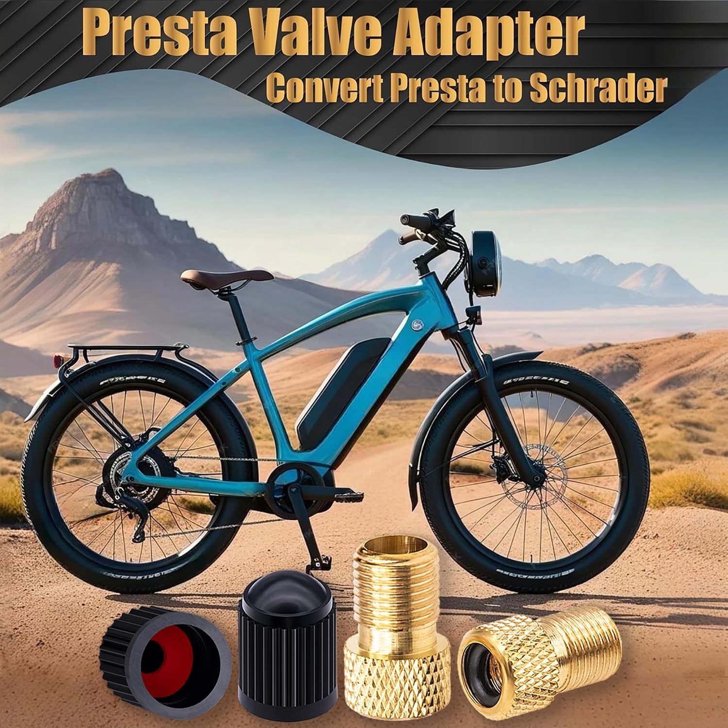2PCS Brass Presta Valve Adapter, Convert Presta to Schrader Adaptor, Inflate Tire Using Standard Pump or Air Compressor for Bikes, 2 Pack Black Tire Valve Caps(Reticulated Grain Style)