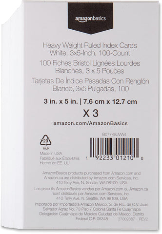 Amazon Basics Heavy Weight Ruled Index Cards for Studying and Note Taking, White, 3" x 5", 300 Count (Pack of 3)