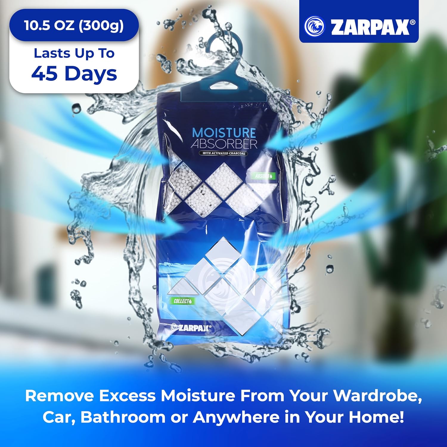 ZARPAX Hanging Moisture Absorber Bags Activated Charcoal 10.5oz - Set of 10