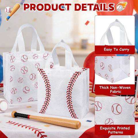 12 Pack Baseball Goodie Bags with Handles: Reusable Non-Woven Baseball Party Favor Bags for Kids Birthday Party, Game Day Gift Bag for Candy, Snacks, Treat, Team Celebration & School Events
