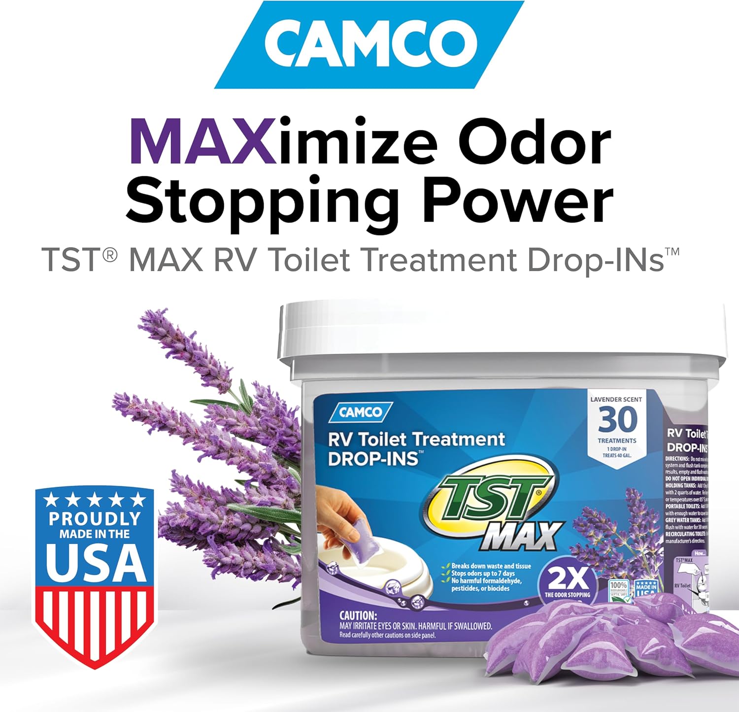 Camco TST MAX RV Toilet Treatment Drop-INs - Lavender 30-pk Made in the USA