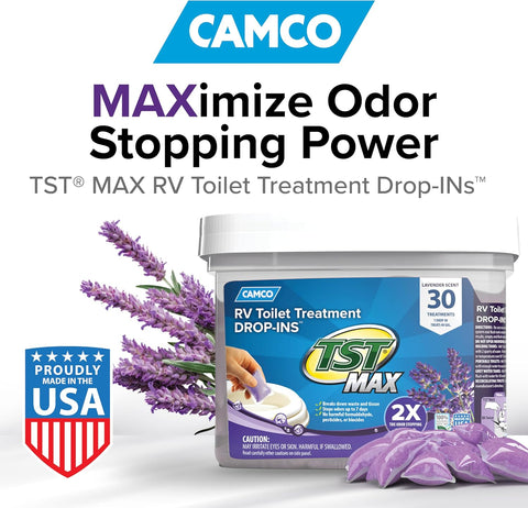 Camco TST MAX RV Toilet Treatment Drop-INs - Lavender 30-pk Made in the USA