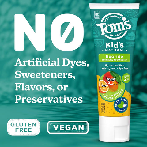 Tom's of Maine Natural Kids Fluoride Toothpaste, Orange Mango, 3Pk, 5.1 oz
