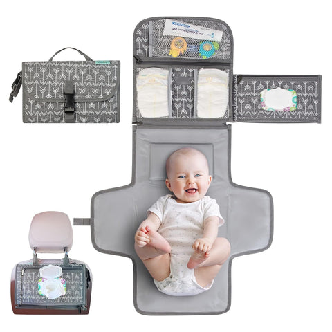 Kopi Baby Portable Diaper Changing Pad, Wipes Pocket, Premium Grey Arrows
