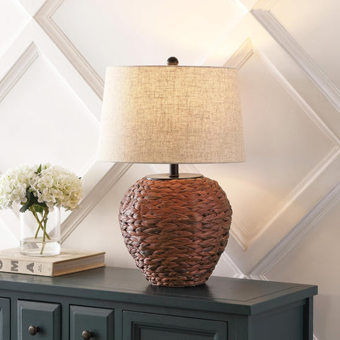 JONATHAN Y Alaro Table Lamp Woven Water Hyacinth Basket 24.5", Dark Brown