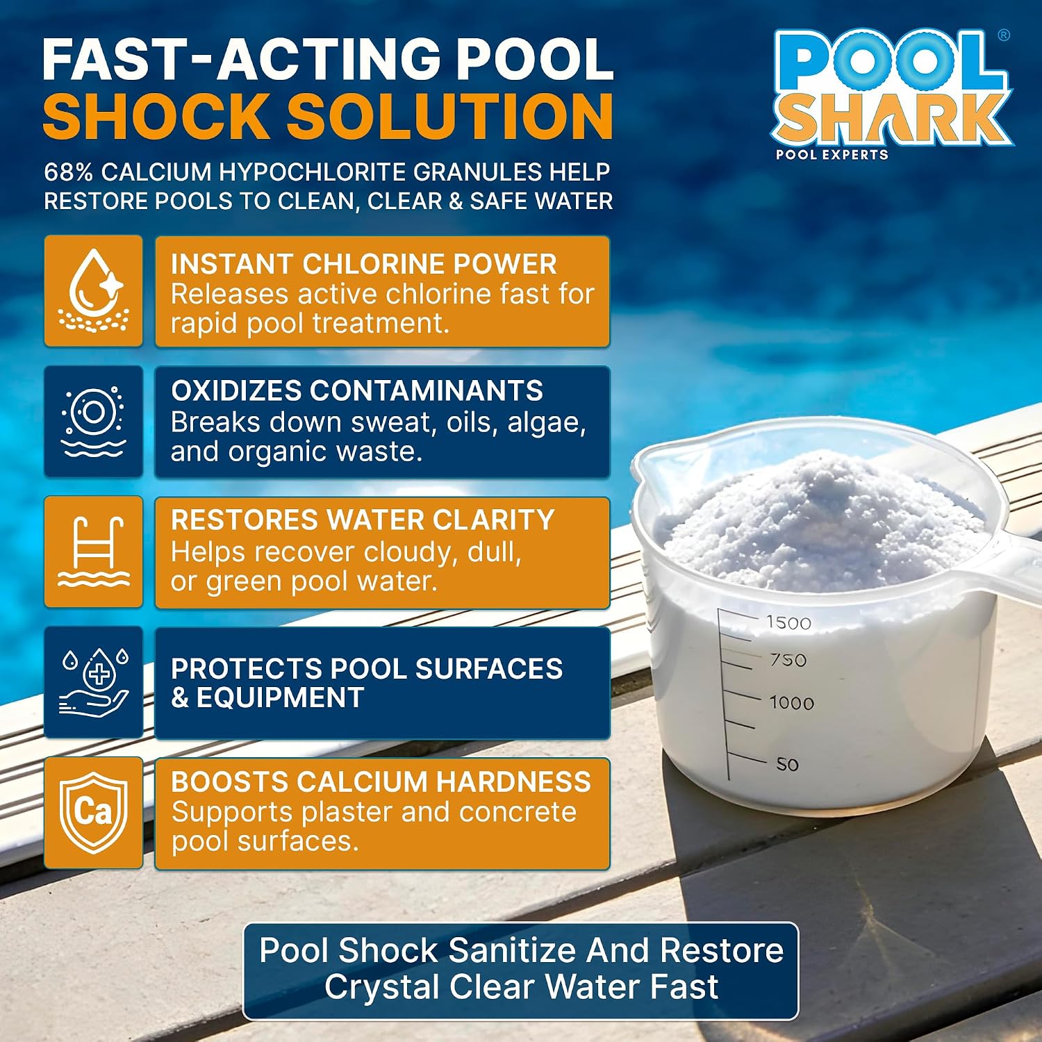 POOL SHARK 68% Calcium Hypochlorite Pool Shock | 25 lb Bucket Chlorine Granules | Pool Shock Treatment for Swimming Pools | Inground & Above Ground Pool Cleaning, Fast-Acting Chlorine Shock