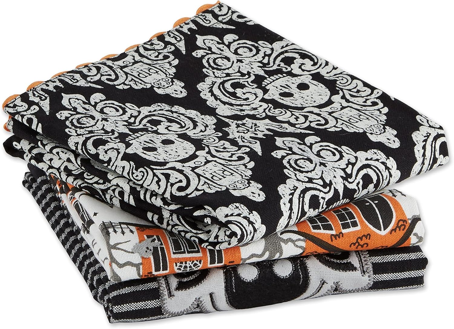 DII Happy Halloween Dishtowel Collection Embellished Cotton Kitchen Hand Towel Set, 18x28, Skull Damask/Haunted House, 3 Count