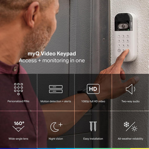 myQ Smart Garage Door Video Keypad with Wide-Angle Camera,Customizable PIN Codes,and Smartphone Control–Take Charge of Your Garage Access Works with Chamberlain, LiftMaster and Craftsman openers,White