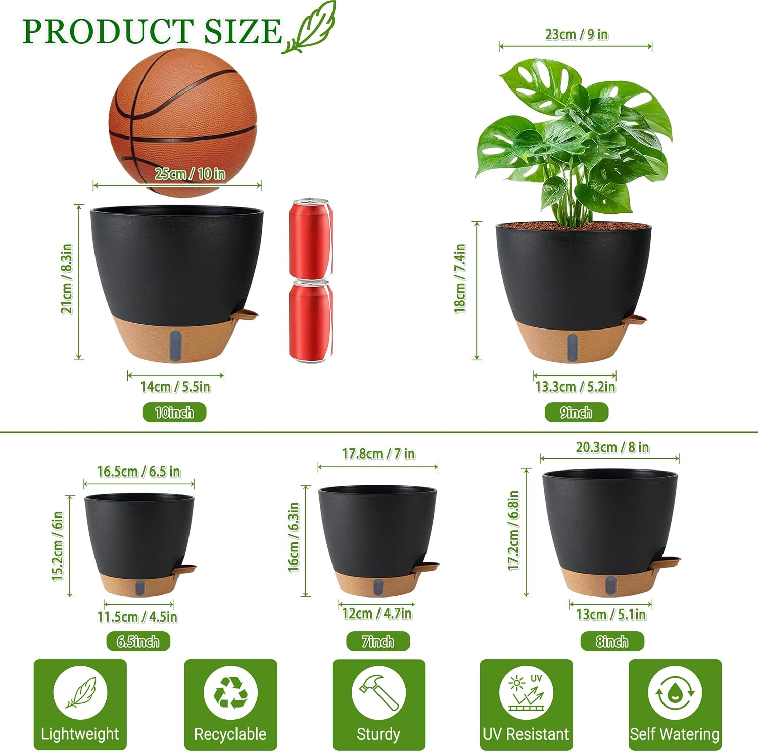 Self Watering Pots for Inoor Ourdoor Plants 10/9/8/7/6.5" Plastic Planters
