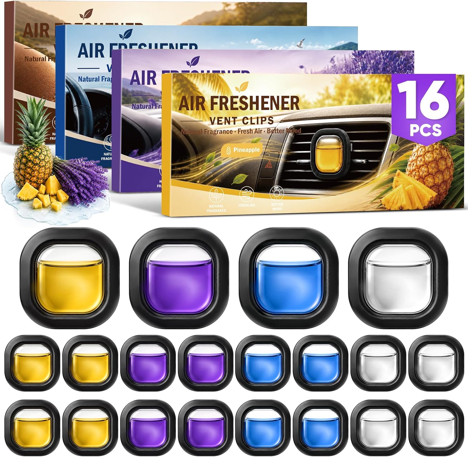 16 Pack Car Air Freshener Vent Clips, 4 Plant-Based Scents, Car Fresheners