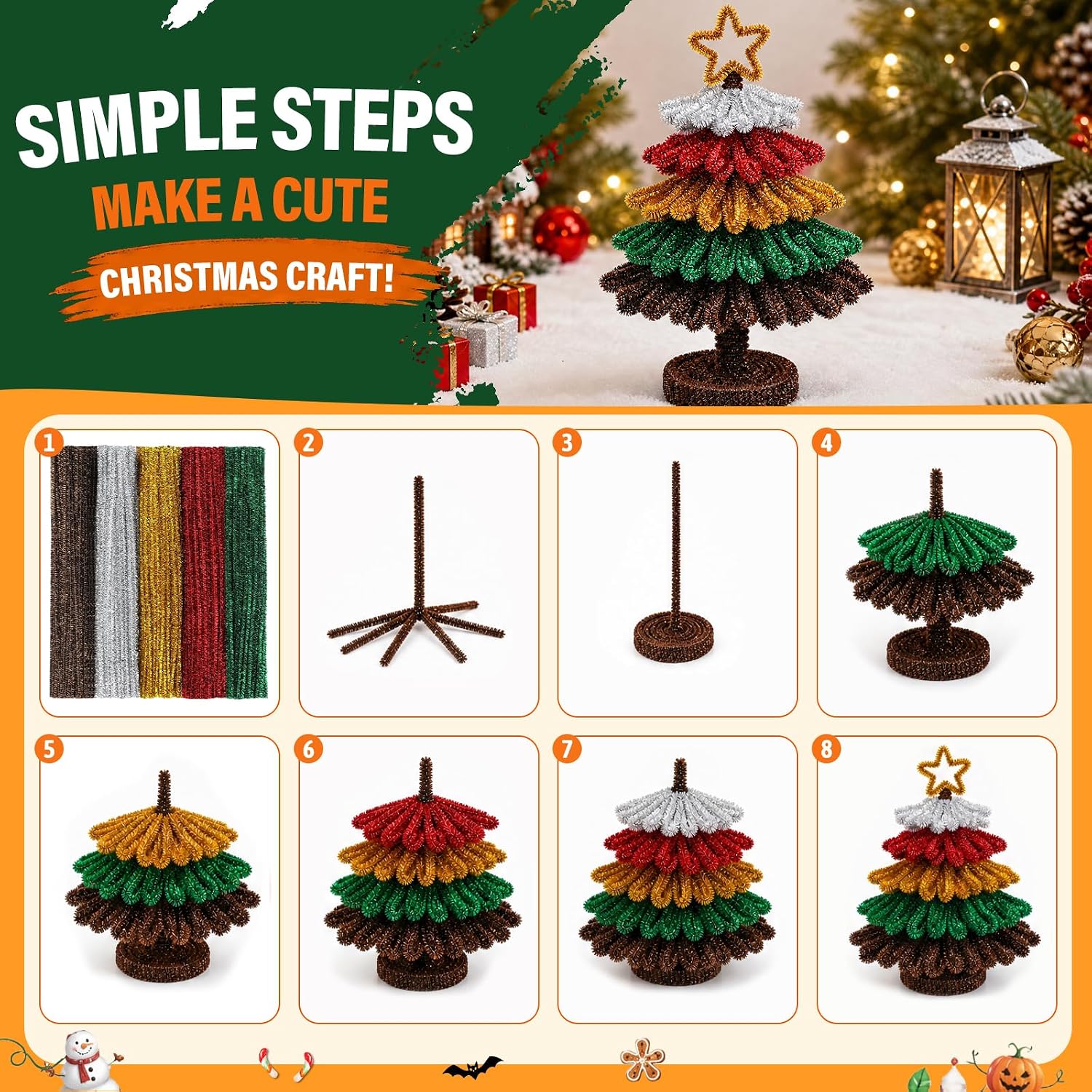Christmas Pipe Cleaners, 500PCS Glitter Pipe Cleaner Crafts, Chenille Stems