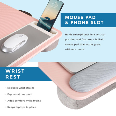 LAPGEAR Home Office Pro Lap Desk with Wrist Rest, Mouse Pad, and Phone Holder - Pink - Fits up to 15.6 Inch Laptops - Style No. 91604