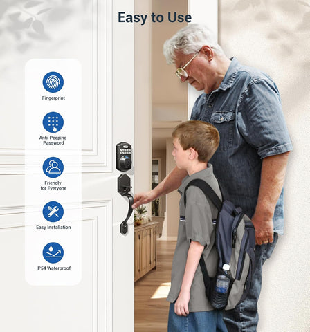 Veise KS02D Fingerprint Deadbolt Lock with Handle Set, Matte Black