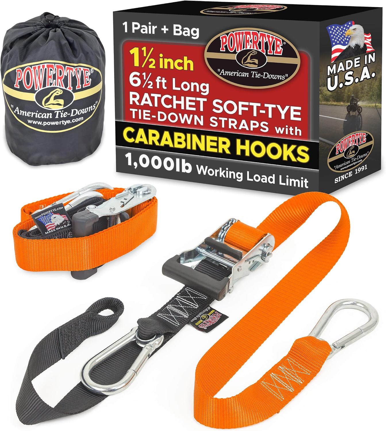 PowerTye 1.5in x 6.5ft Heavy Duty Ratchet Tie-Down Straps with Soft-Tye, Carabiner Hooks - 1,000 lb Working Load Limit / 3,000 lb Breaking Strength - Made in USA - Orange/Black Pair + Storage Bag