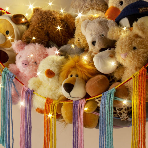 RelaxScene Stuffed Animal Hammock Corner with LED Light - Toy Storage Hammock Plushie Net Large - Cute Stuff Animals Holder Hanging Organizer - Baby Room Rainbow Decor Kids Toddler Nursery Bedroom