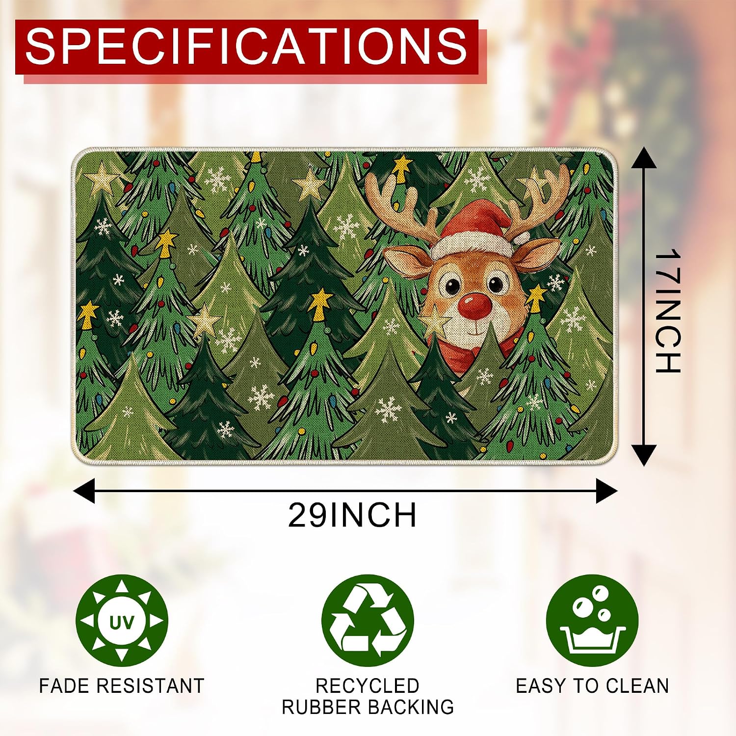 Hexagram Christmas Door Mat 17x29 Inch, Deer Tree Doormat Outdoor