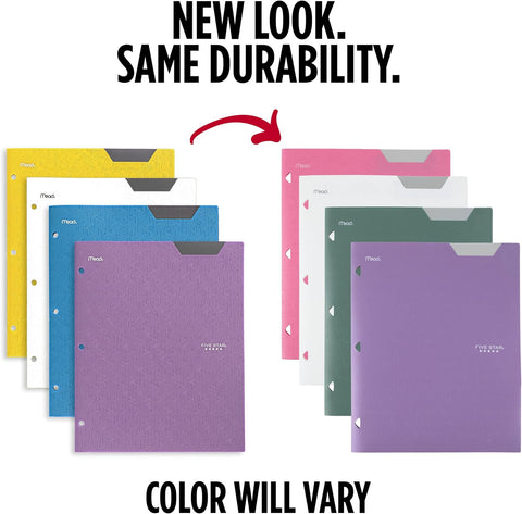 Five Star 2-Pocket Plastic Folder with Stay-Put Tabs, Fits 3-Ring Binder, Holds 8.5" x 11" Paper, Assorted Colors, 4 Pack (333420B)