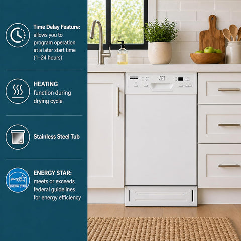 SPT SD-9254W Energy Star 18″ Built-In Dishwasher w/Heated Drying – White