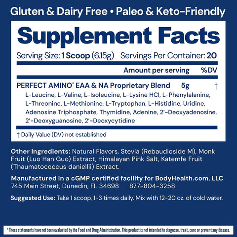 BodyHealth PerfectAmino - BCAA and EAA Powder for Pre and Post Workout - Amino Acid Energy Drink for Men and Women to Support Lean Muscle and Recovery - Chocolate - 20 Servings