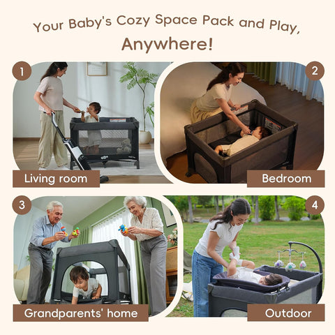 Pamo Babe Pack and Play with Bassinet Magic Fold Playard 1 Step Set Foldable Playpen Baby Playard with Changing Table Portable Playpen Grey