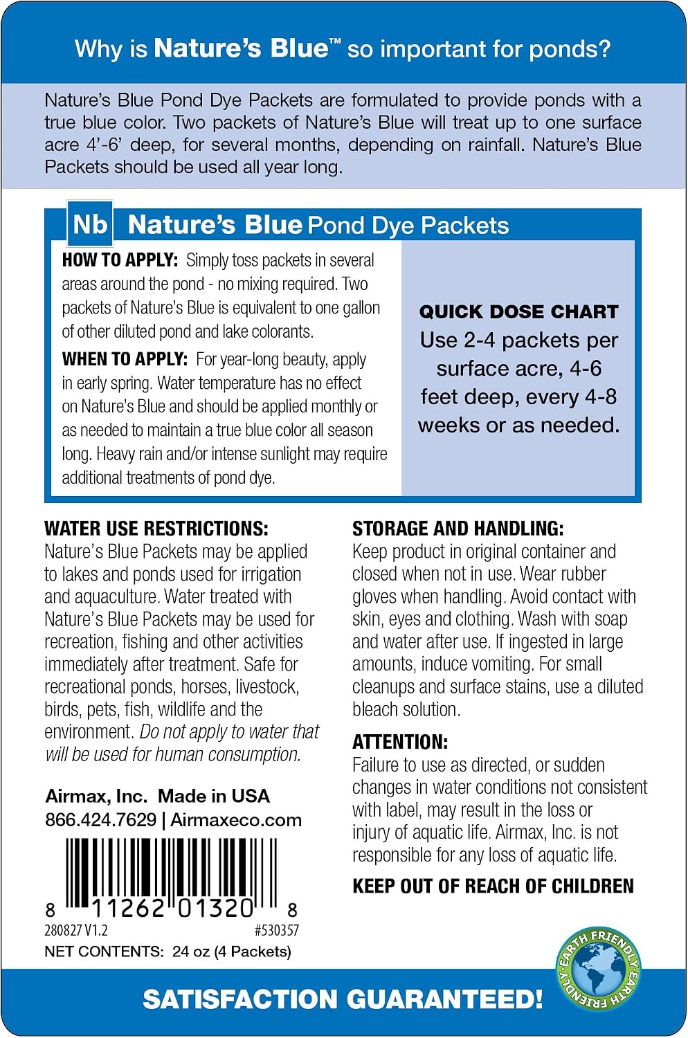 Airmax Nature's Blue Pond Dye Packets, 4 Soluble Packets