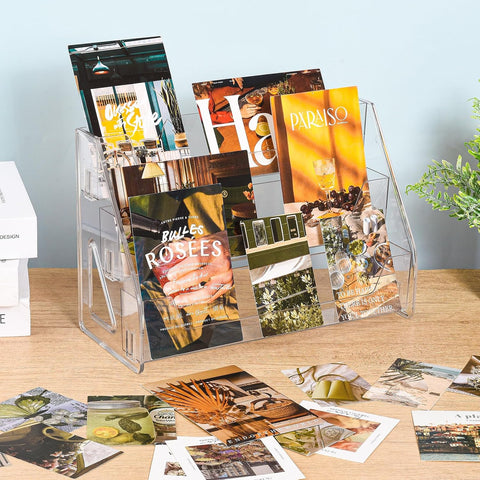 CELSOL 2 Pack Upgraded 3 Tier Acrylic Card Display Stand, Clear Display for Trading Cards, Greeting Cards, Sports Cards, Postcards, Stickers & Brochures, Easy Snap-On, Increased Height & Thickness for Better Presentation