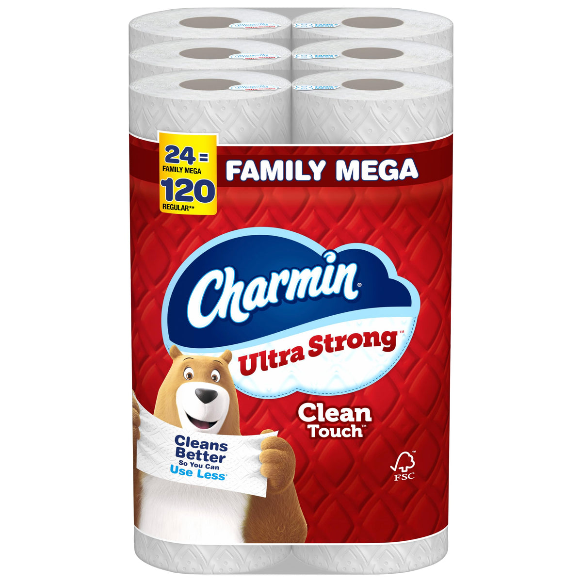 Charmin Toilet Paper Ultra Strong Clean Touch, 24 Family Mega Rolls = 120 Regular Rolls (Packaging May Vary), Bulk Toilet Paper, Household Essentials