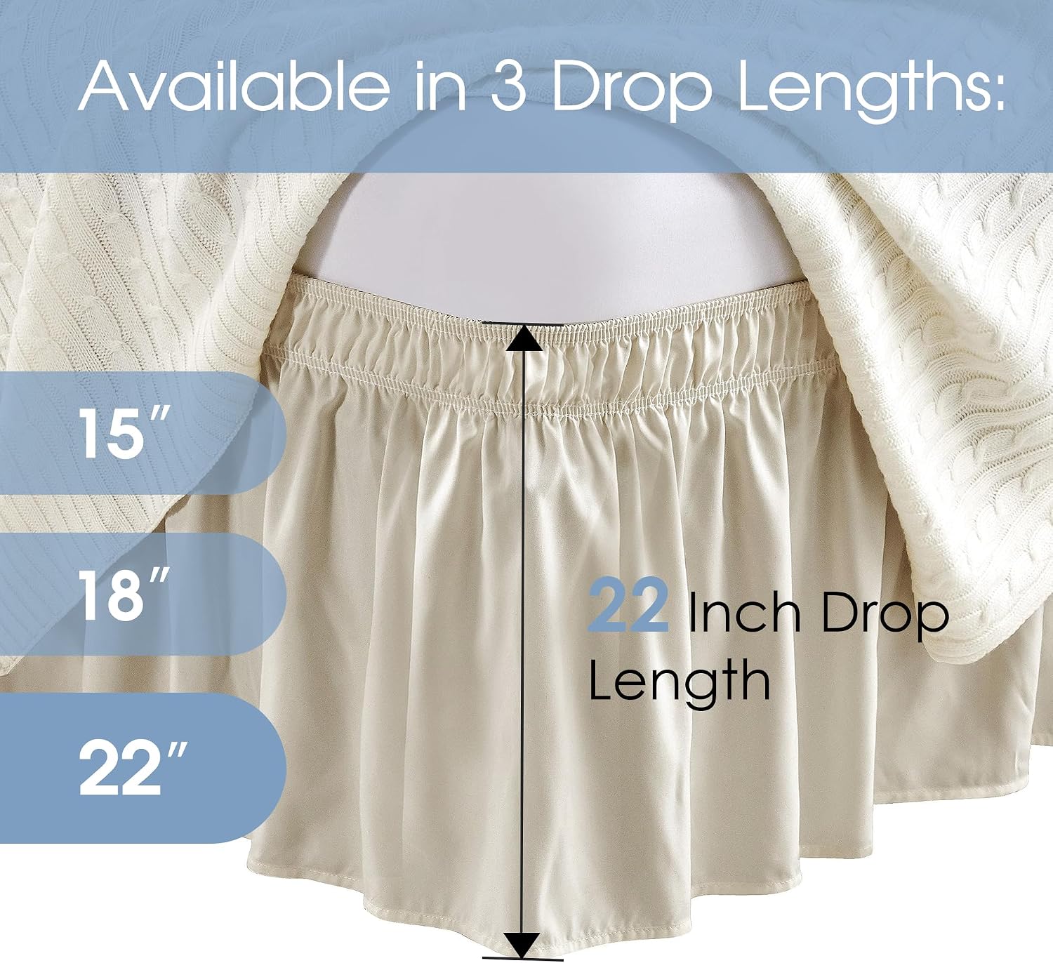 FreshCulture Twin Bed Skirt, Elastic Wrap Around Bed Skirt Twin Size, Bed Skirts for Adjustable Bed, Easy Fit with 22 Inch Drop Length, Hotel Quality Dust Ruffle for Twin Bed (Cream)