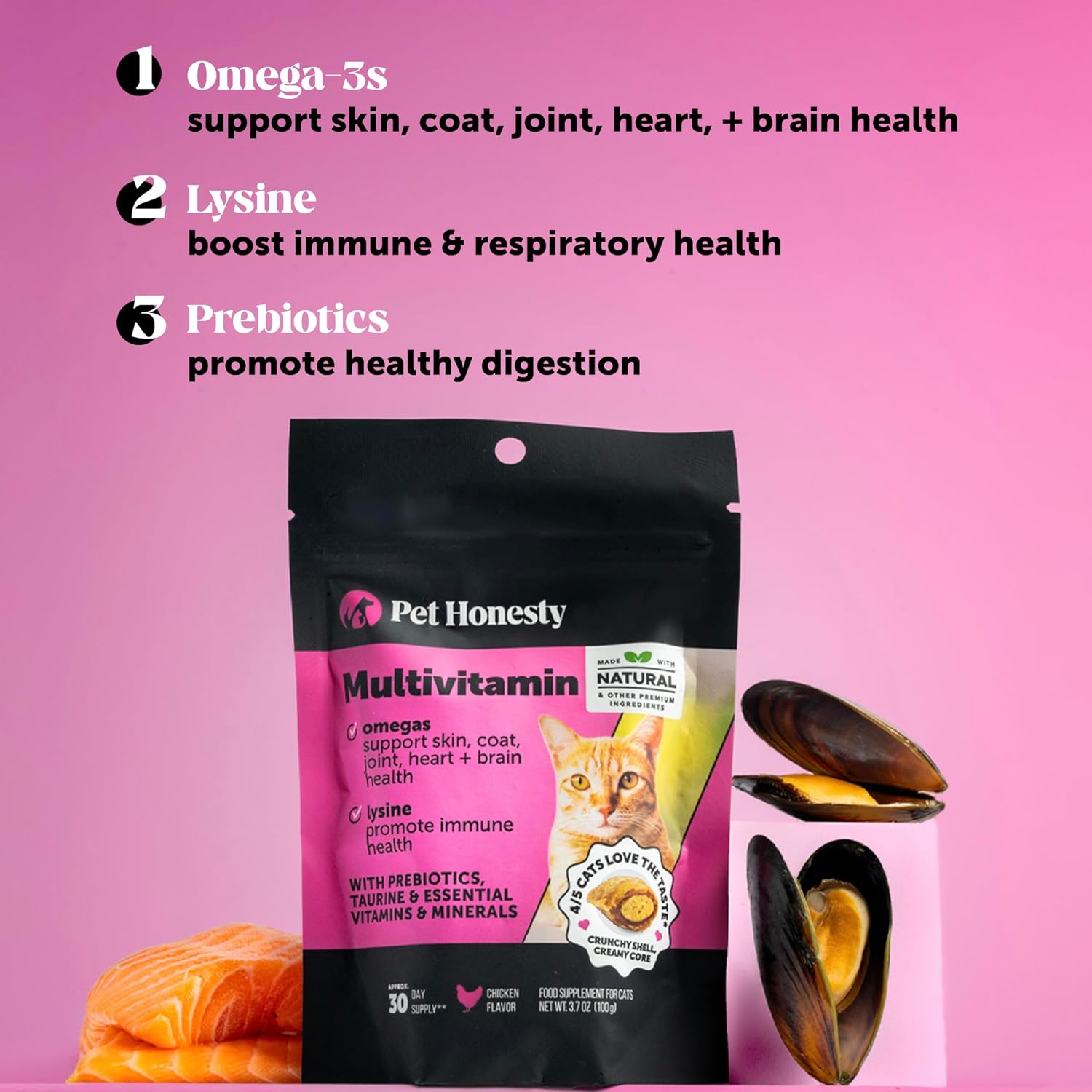 Cat Multivitamin Crunchy Creamy Chews - Daily Cat Vitamins with Lysine, Prebiotics, Omega 3 Fish Oil - Cat Treats for Immune Support, Skin Coat, Digestion, Heart + Joint Health (30-Day Supply)