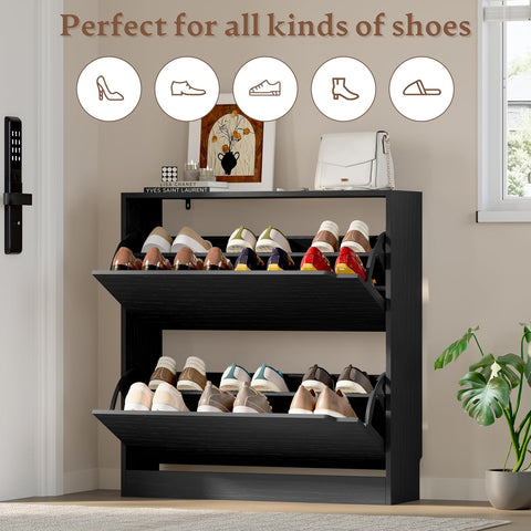 BORNOON Shoe Cabinet with 2 Flip Drawers, Slim Narrow Shoe Storage Cabinet, Freestanding Shoe Organizer with Adjustable & Removable Shelves, Top Display Shelf for Entryway, Hallway, Foyer, Closet