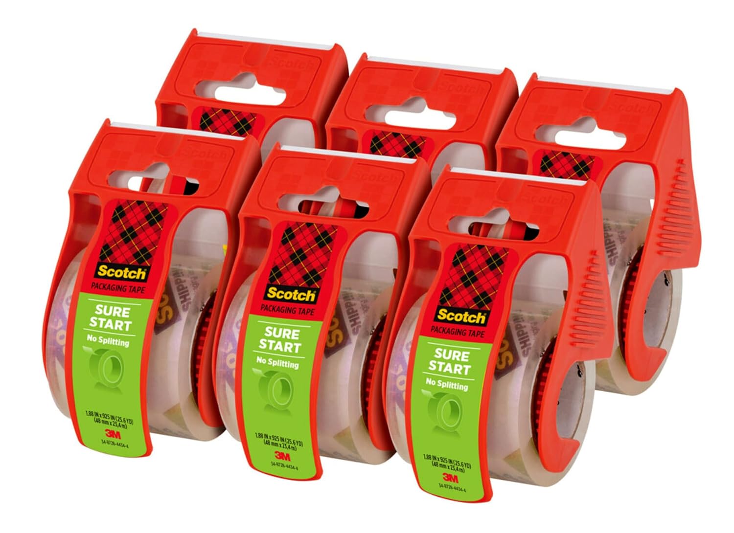Scotch Sure Start Packing Tape, Clear, Quiet Unwind and Easy Start, Moving Supplies, 1.88 in. x 22.2 yd., 6 Tape Rolls with Dispensers