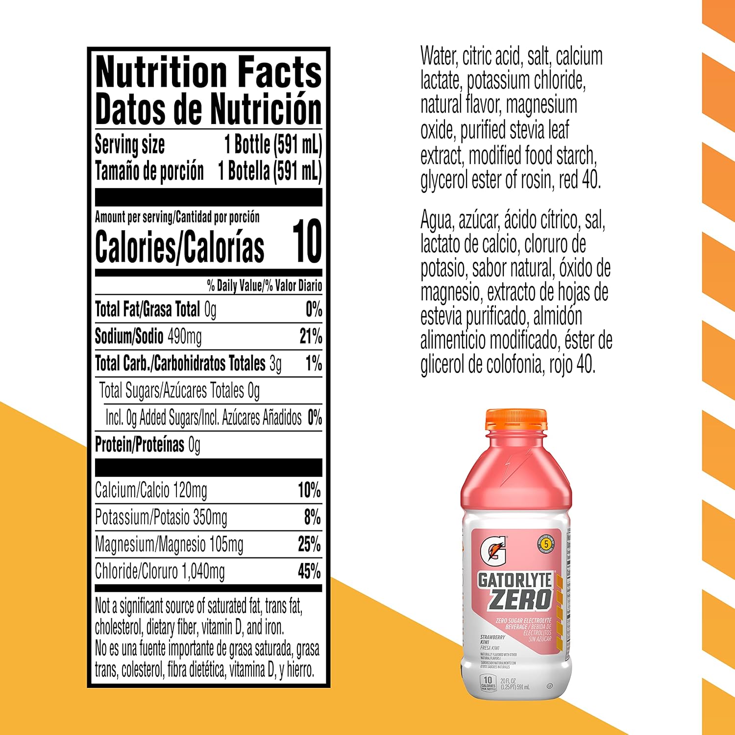 Gatorlyte Zero Electrolyte Beverage, Strawberry Kiwi, Zero Sugar Hydration, Specialized Blend of 5 Electrolytes, No Artificial Sweeteners or Flavors, 20 Oz Bottles (Pack of 12)