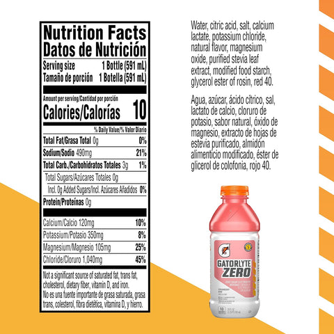 Gatorlyte Zero Electrolyte Beverage, Strawberry Kiwi, Zero Sugar Hydration, Specialized Blend of 5 Electrolytes, No Artificial Sweeteners or Flavors, 20 Oz Bottles (Pack of 12)