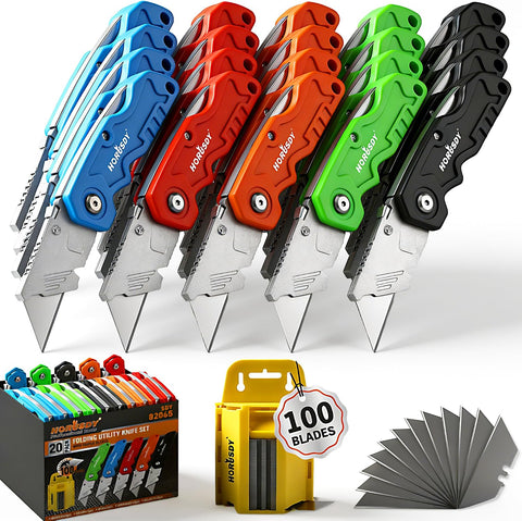 HORUSDY 4-Pack Box Cutter Utility Knife, Heavy Duty Aluminum Shell Retractable Box Cutter for Cardboard, Boxes and Cartons, Extra 10 Blades
